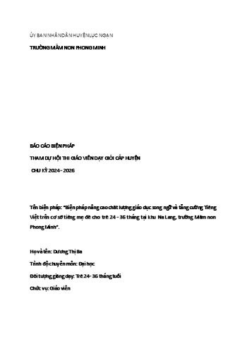 Biện pháp nâng cao chất lượng giáo dục song ngữ và tăng cường Tiếng Việt trên cơ sở tiếng mẹ đẻ cho trẻ 24 - 36 tháng tại khu Na Lang, trường Mầm non Phong Minh