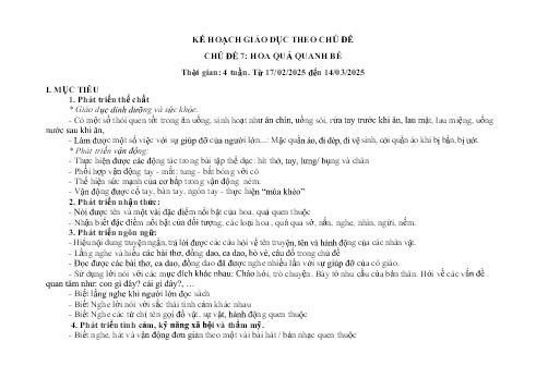 Giáo án Mầm non Khối Mầm - Chủ đề 7: Hoa quả quanh bé - Năm học 2024-2025