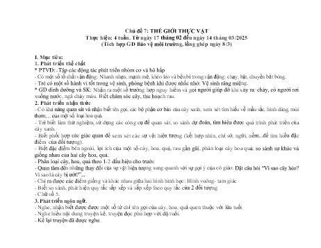 Giáo án Mầm non Lớp Chồi - Chủ đề 7: Thế giới thực vật (Tích hợp giáo dục Bảo vệ môi trường. Lồng ghép ngày 8/3) - Năm học 2024-2025
