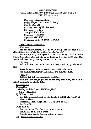 Giáo án Mầm non Lớp Chồi - Chủ đề: Động vật - Đề tài: Truyện Cáo, thỏ và gà trống - Năm học 2022-2023 - Nguyễn Thị Lượng