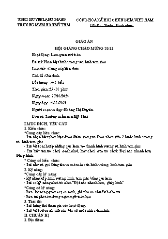 Giáo án Mầm non Lớp Chồi - Chủ đề: Gia đình - Đề tài: Phân biệt hình vuông với hình tam giác - Năm học 2024-2025 - Hoàng Thị Duyên
