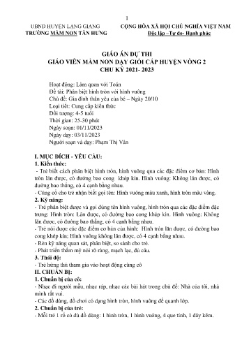 Giáo án Mầm non Lớp Chồi - Chủ đề: Gia đình thân yêu của bé. Ngày 20/10 - Đề tài: Phân biệt hình tròn với hình vuông - Phạm Thị Vân