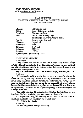 Giáo án Mầm non Lớp Chồi - Chủ đề: Nước. Hiện tượng tự nhiên - Đề tài: Vận động cơ bản Ném xa bằng 1 tay. Trò chơi vận động Đưa bóng về đích - Năm học 2024-2025 - Đoàn Thị Thành
