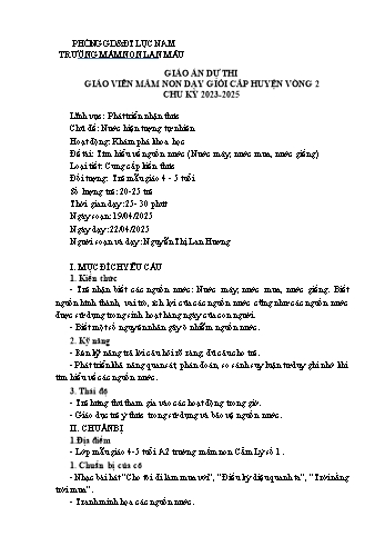 Giáo án Mầm non Lớp Chồi - Chủ đề: Nước hiện tượng tự nhiên - Đề tài: Tìm hiểu về nguồn nước (Nước máy, nước mưa, nước giếng) - Năm học 2024-2025 - Nguyễn Thị Lan Hương