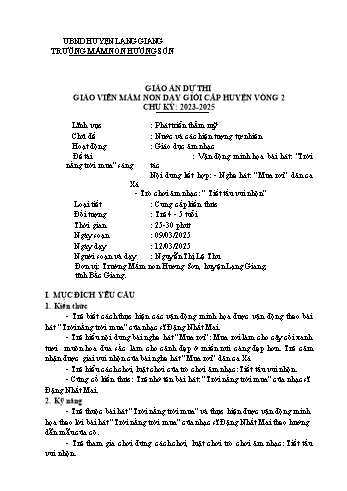 Giáo án Mầm non Lớp Chồi - Chủ đề: Nước và các hiện tượng tự nhiên - Đề tài: Vận động minh họa bài hát Trời nắng trời mưa - Năm học 2024-2025 - Nguyễn Thị Lệ Thu