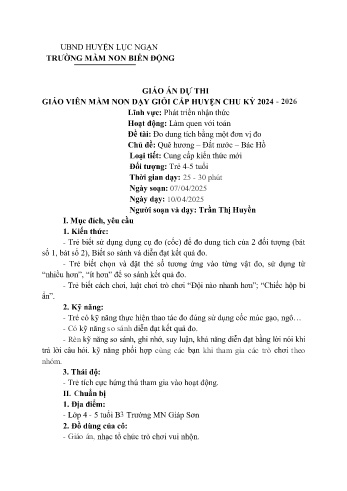 Giáo án Mầm non Lớp Chồi - Chủ đề: Quê Hương. Đất Nước. Bác Hồ - Đề tài: Đo dung tích bằng một đơn vị đo - Năm học 2024-2025 - Trần Thị Huyền