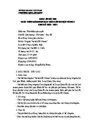 Giáo án Mầm non Lớp Chồi - Chủ đề: Quê hương. Đất nước. Bác Hồ - Đề tài: Truyện Sự tích Hồ Gươm - Năm học 2024-2025 - Nguyễn Thị Huân