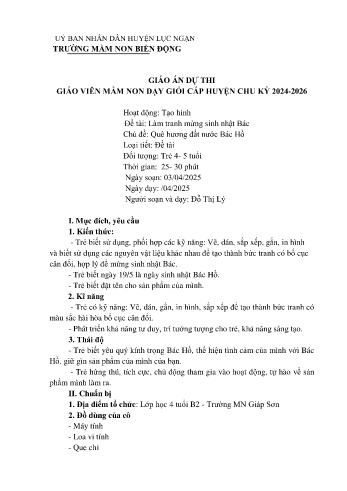 Giáo án Mầm non Lớp Chồi - Chủ đề: Quê hương đất nước Bác Hồ - Đề tài: Làm tranh mừng sinh nhật Bác - Năm học 2024-2025 - Đỗ Thị Lý