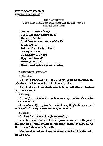 Giáo án Mầm non Lớp Chồi - Chủ đề: Quê hương. Đất nước. Bác Hồ - Đề tài: Dán dây xúc xích trang trí ảnh Bác Hồ - Năm học 2024-2025 - Nguyễn Thị Lan