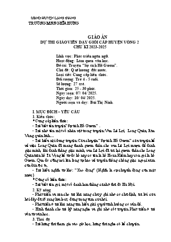 Giáo án Mầm non Lớp Chồi - Chủ đề: Quê hương đất nước - Đề tài: Truyện Sự tích Hồ Gươm - Năm học 2024-2025 - Bùi Thị Ninh