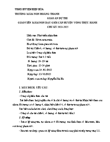 Giáo án Mầm non Lớp Chồi - Chủ đề: Tết và mùa xuân - Đề tài: Chữ số, số lượng, số thự tự trong phạm vi 4 - Năm học 2024-2025 - Nguyễn Thị Hà