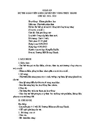 Giáo án Mầm non Lớp Chồi - Chủ đề: Thế giới động vật - Đề tài: Bé biết gì về 1 số động vật sống trong rừng (Con voi, con hổ) - Năm học 2022-2023 - Nguyễn Thị Hà