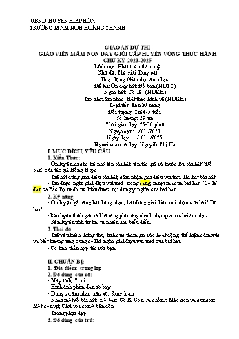 Giáo án Mầm non Lớp Chồi - Chủ đề: Thế giới động vật - Đề tài: Ôn dạy hát Đố bạn. Nghe hát Cò lả. Trò chơi âm nhạc Hát theo hình vẽ - Năm học 2024-2025 - Nguyễn Thị Hà