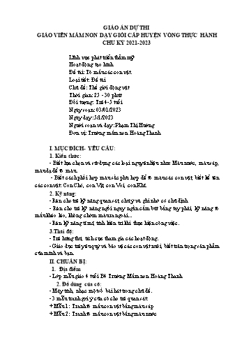 Giáo án Mầm non Lớp Chồi - Chủ đề: Thế giới động vật - Đề tài: Tô màu các con vật - Năm học 2022-2023 - Phạm Thị Hường