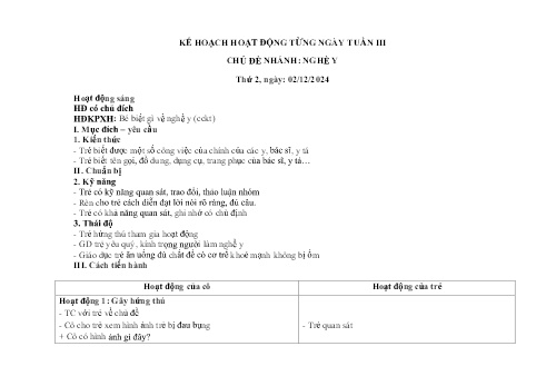 Giáo án Mầm non Lớp Chồi - Tuần 3, Chủ đề nhánh: Nghề y - Năm học 2024-2025