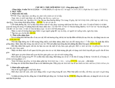 Giáo án Mầm non Lớp Lá - Chủ đề 5: Thế giới động vật (Lồng ghép ngày 22/12) - Năm học 2024-2025
