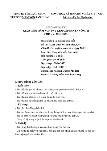 Giáo án Mầm non Lớp Lá - Chủ đề: Các nghề quanh bé. Ngày 20/11 - Đề tài: Làm quen với chữ cái i, t, c - Năm học 2023-2024 - Dương Mỹ Hải