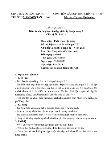 Giáo án Mầm non Lớp Lá - Chủ đề: Các nghề quanh bé. Ngày 20/11 - Đề tài: Bật tách khép chân qua 7 ô - Năm học 2023-2024 - Trịnh Thị Ánh
