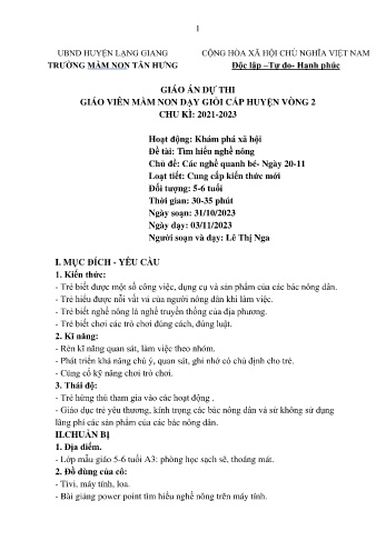 Giáo án Mầm non Lớp Lá - Chủ đề: Các nghề quanh bé. Ngày 20/11 - Đề tài: Tìm hiểu nghề nông - Năm học 2023-2024 - Lê Thị Nga