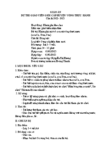 Giáo án Mầm non Lớp Lá - Chủ đề: Động vật - Đề tài: Khám phá 1 số con vật sống dưới nước (Con cá, tôm, cua) - Năm học 2022-2023 - Nguyễn Thị Hương