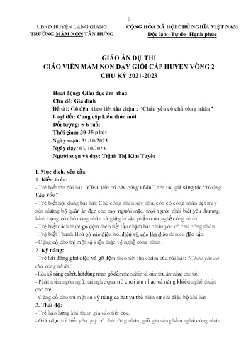 Giáo án Mầm non Lớp Lá - Chủ đề: Gia đình - Đề tài: Gõ đệm theo tiết tấu chậm Cháu yêu cô chú công nhân - Năm học 2023-2024 - Trịnh Thị Kim Tuyết