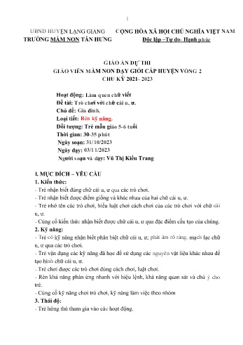 Giáo án Mầm non Lớp Lá - Chủ đề: Gia đình - Đề tài: Trò chơi với chữ cái u, ư - Năm học 2023-2024 - Vũ Thị Kiều Trang