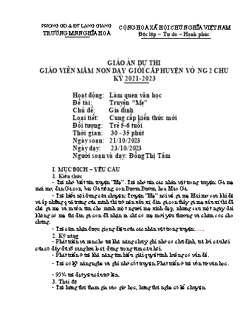 Giáo án Mầm non Lớp Lá - Chủ đề: Gia đình - Đề tài: Truyện Mẹ - Năm học 2023-2024 - Đồng Thị Tâm