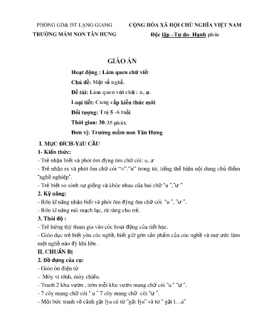 Giáo án Mầm non Lớp Lá - Chủ đề: Một số nghề - Đề tài: Làm quen với chữ u, ư - Trường Mầm non Tân Hưng