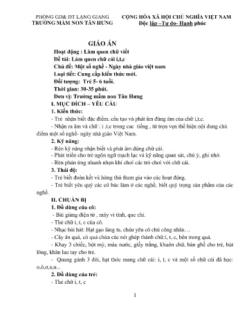 Giáo án Mầm non Lớp Lá - Chủ đề: Một số nghề. Ngày nhà giáo Việt Nam - Đề tài: Làm quen chữ cái i, t, c - Trường Mầm non Tân Hưng