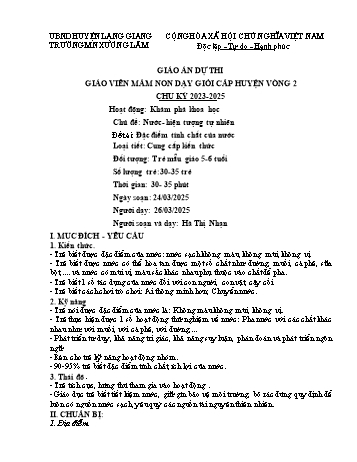 Giáo án Mầm non Lớp Lá - Chủ đề: Nước. Hiện tượng tự nhiên - Đề tài: Đặc điểm tính chất của nước - Năm học 2024-2025 - Hà Thị Nhạn