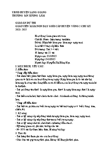 Giáo án mầm non Lớp Lá - Chủ đề: Nước. Hiện tượng tự nhiên - Đề tài: Nhận biết hôm qua, hôm nay, ngày mai - Năm học 2024-2025 - Nguyễn Thị Hằng Nga