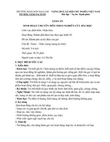 Giáo án Mầm non Lớp Lá - Chủ đề: Nước. Hiện tượng tượng tự nhiên - Đề tài: Khám phá sự kỳ diệu của gió - Lê Thị Hà