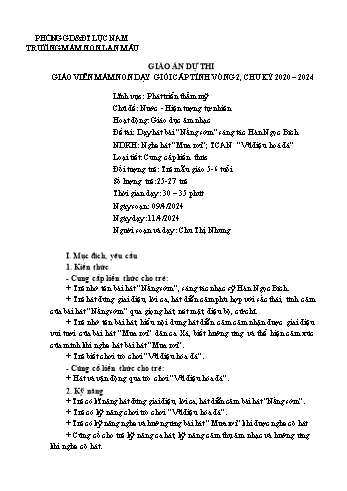 Giáo án Mầm non Lớp Lá - Chủ đề: Nước và hiện tượng tự nhiên - Đề tài: Dạy hát bài Nắng sớm - Năm học 2023-2024 - Chu Thị Nhung