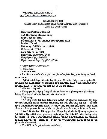 Giáo án Mầm non Lớp Lá - Chủ đề: Phương tiện giao thông - Đề tài: Làm ô tô từ các nguyên vật liệu khác nhau - Năm học 2024-2025 - Nguyễn Thị Thảo