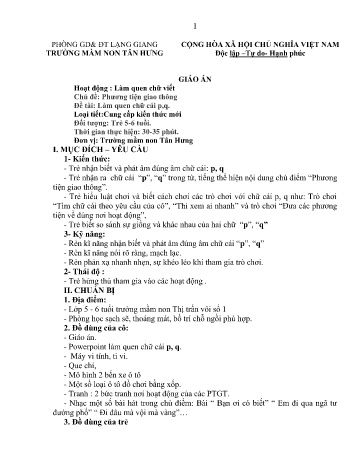 Giáo án Mầm non Lớp Lá - Chủ đề: Phương tiện giao thông - Đề tài: Làm quen chữ cái p, q - Trường Mầm non Tân Hưng