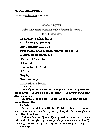 Giáo án Mầm non Lớp Lá - Chủ đề: Phương tiện giao thông - Đề tài: Phân nhóm phương tiện giao thông theo nơi hoạt động - Trường Mầm non Đại Lâm