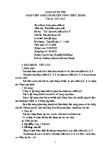 Giáo án Mầm non Lớp Lá - Chủ đề: Thế giới động vật - Đề tài: Trò chơi với chữ cái b, d, đ - Năm học 2022-2023 - Nguyễn Thị Hằng