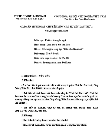 Giáo án Mầm non Lớp Lá - Đề tài: Kể chuyện sáng tạo Chú thỏ Bu-ri-nê - Năm học 2021-2022 - Lê Thị Hà