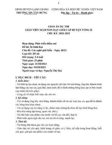 Giáo án Mầm non Lớp Mầm - Chủ đề: Các nghề phổ biến. Ngày 20/11 - Đề tài: In hình hoa - Năm học 2023-2024 - Nguyễn Thị Mai