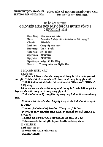 Giáo án Mầm non Lớp Mầm - Chủ đề: Gia đình - Đề tài: Đếm đến 2, nhận biết các nhóm có đối tượng 2 - Năm học 2023-2024 - Vi Thị Hồng
