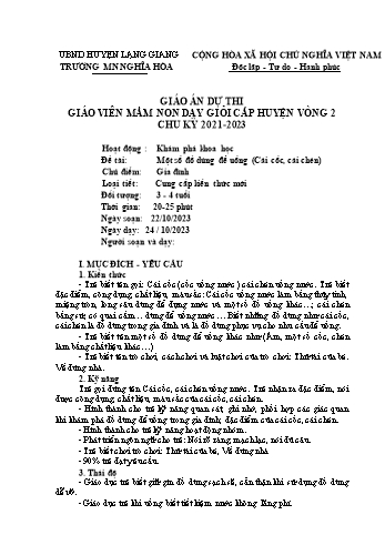 Giáo án Mầm non Lớp Mầm - Chủ đề: Gia đình - Đề tài: Một số đồ dùng để uống (Cái cốc, cái chén) - Năm học 2023-2024 - Trường Mầm non Nghĩa Hòa