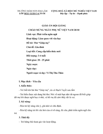 Giáo án Mầm non Lớp Mầm - Chủ đề: Gia đình - Đề tài: Thơ Giúp mẹ - Vi Thị Thu Thảo