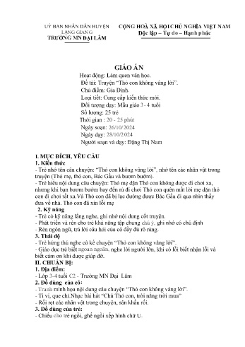 Giáo án Mầm non Lớp Mầm - Chủ đề: Gia đình - Đề tài: Truyện Thỏ con không vâng lời - Năm học 2024-2025 - Đặng Thị Nam