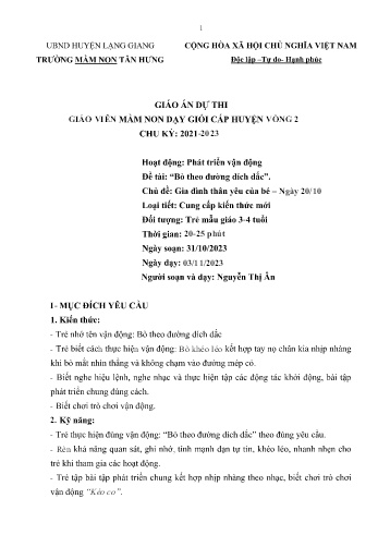 Giáo án Mầm non Lớp Mầm - Chủ đề: Gia đình thân yêu của bé. Ngày 20/10 - Đề tài: Bò theo đường dích dắc - Năm học 2023-2024 - Nguyễn Thị Ân