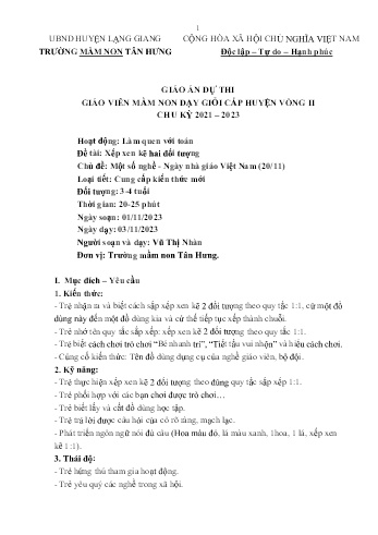 Giáo án Mầm non Lớp Mầm - Chủ đề: Một số nghề. Ngày nhà giáo Việt Nam (20/11) - Đề tài: Xếp xen kẽ hai đối tượng - Năm học 2023-2024 - Vũ Thị Nhàn