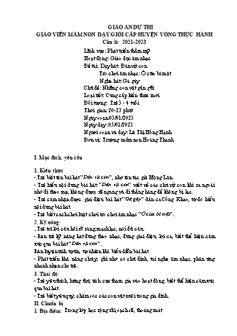 Giáo án Mầm non Lớp Mầm - Chủ đề: Những con vật gần gũi - Đề tài: Dạy hát Đàn vịt con. Trò chơi âm nhạc Ô cửa bí mật. Nghe hát Gà gáy - Năm học 2022-2023 - Lê Thị Hồng Hạnh