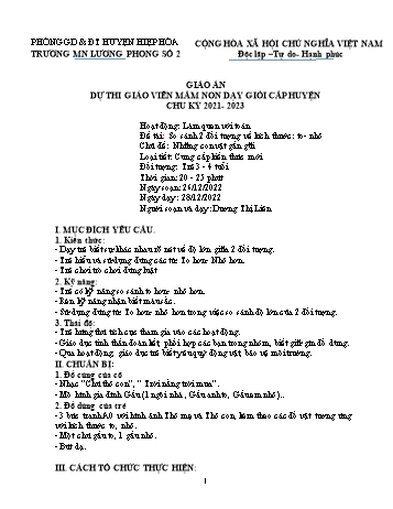 Giáo án Mầm non Lớp Mầm - Chủ đề: Những con vật gần gũi - Đề tài: So sánh 2 đối tượng về kích thước to, nhỏ - Năm học 2022-2023 - Dương Thị Liên