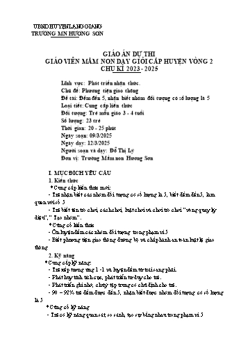 Giáo án Mầm non Lớp Mầm - Chủ đề: Phương tiện giao thông - Đề tài: Đếm đến 5, nhận biết nhóm đối tượng có số lượng là 5 - Năm học 2024-2025 - Đỗ Thị Lý