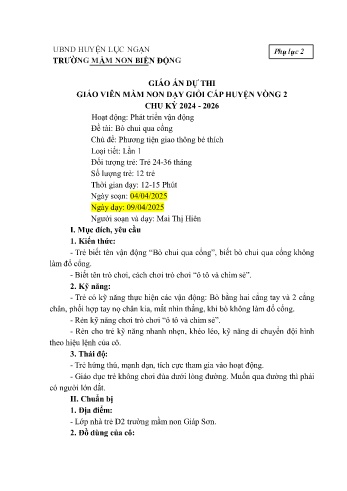 Giáo án Mầm non Lớp Nhà trẻ - Chủ đề: Phương tiện giao thông bé thích - Đề tài: Bò chui qua cổng - Năm học 2024-2025 - Mai Thị Hiên