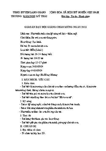Giáo án Mầm non Lớp Nhà trẻ - Chủ điểm: Bé với con vật đáng yêu - Đề tài: Tô màu chú vịt con - Năm học 2024-2025 - Hà Hồng Nhung